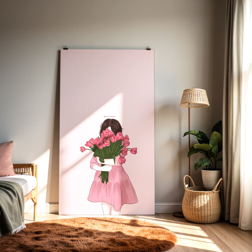 Girl Holding Flowers Wall Art – Cute Pastel Illustration Print — alternate view