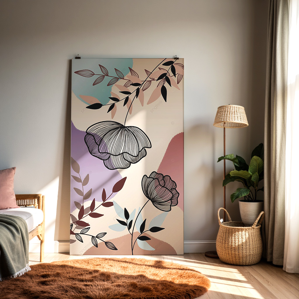 Abstract Botanical Line Art Print – Modern Floral Wall Art with Neutral & Pastel Shapes — alternate view