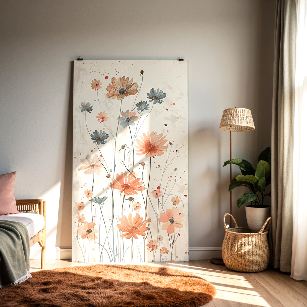 Wildflower Watercolor Print – Peach & Blue Botanical Wall Art, Modern Floral Illustration — alternate view