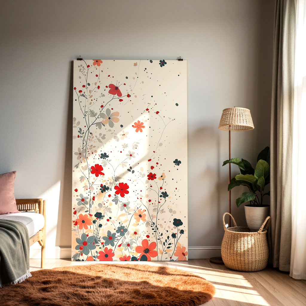 Wildflower Meadow Art Print – Red & Peach Floral Wall Art, Botanical Watercolor Illustration — alternate view