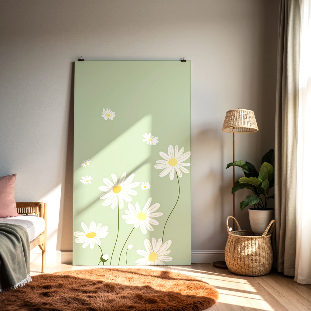 Daisy Wall Art Print – Minimalist Spring Floral Illustration, Soft Green Aesthetic Decor — alternate view