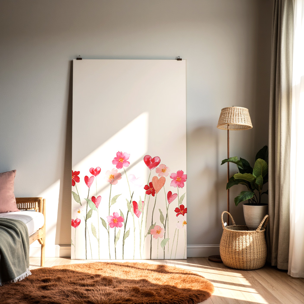 Watercolor Heart Flower Wall Art – Pink & Red Floral Illustration, Romantic Botanical Print — alternate view