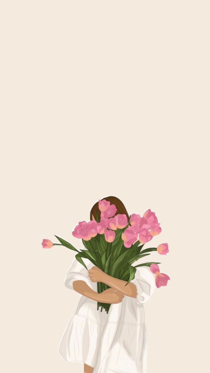 Girl Holding Pink Tulips Wall Art – Minimalist Floral Illustration, Pastel Aesthetic Print