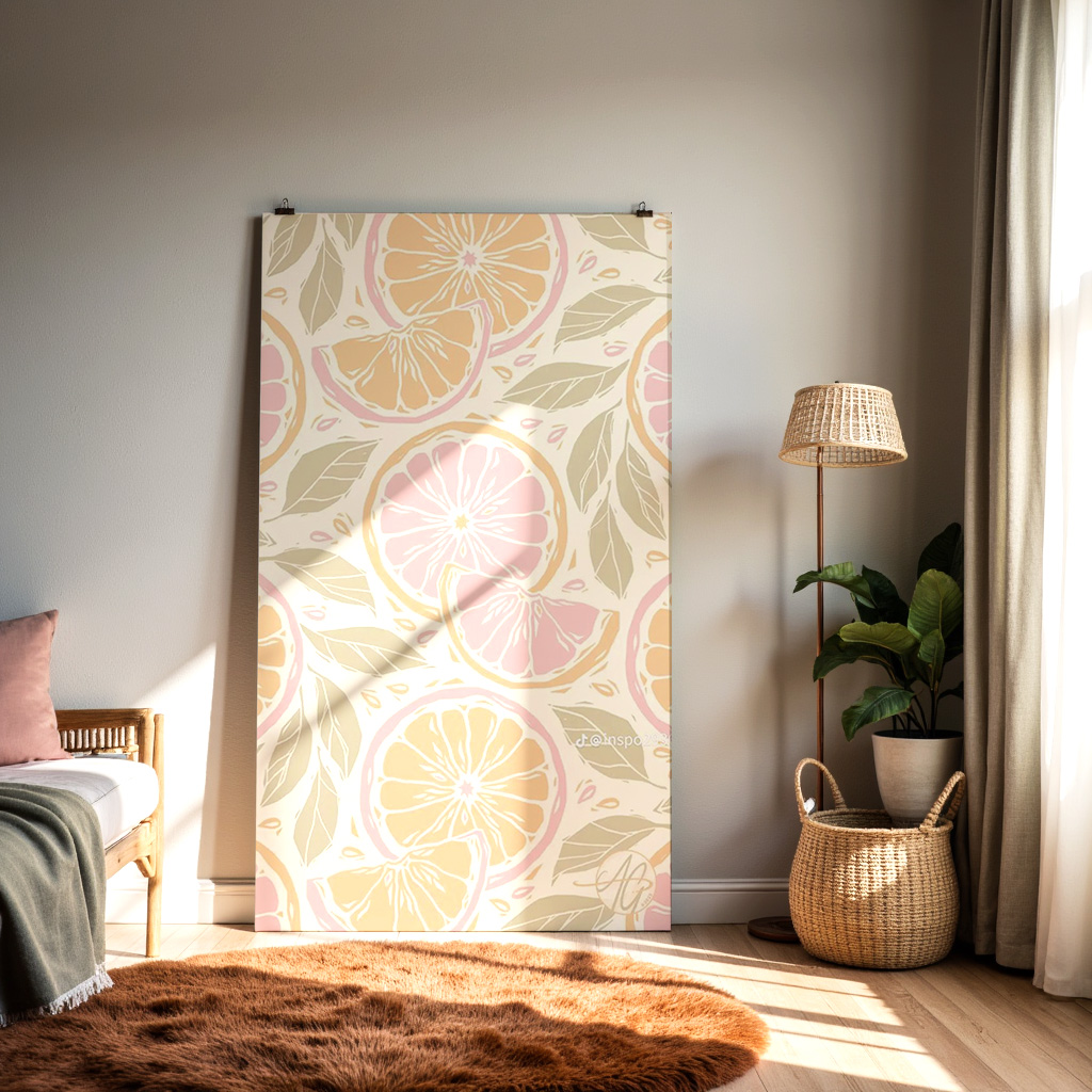 Citrus Fruit Pattern Wall Art – Pastel Orange & Pink Grapefruit Print, Kitchen Decor — alternate view