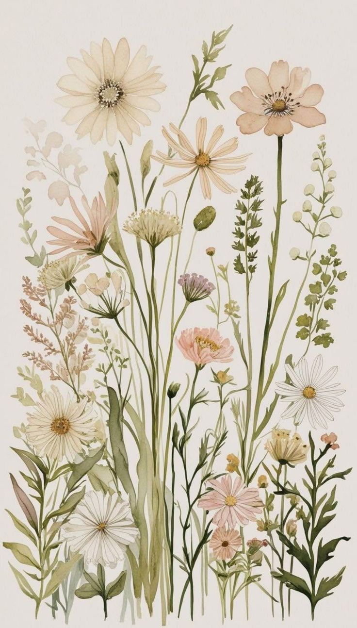 Watercolor Wildflower Wall Art – Botanical Garden Print, Soft Pastel Floral Illustration