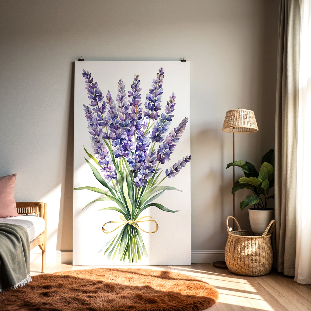 Lavender Watercolor Wall Art – Purple Botanical Print, Rustic Floral Bouquet Illustration — alternate view