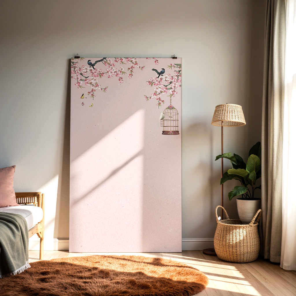 Cherry Blossom Bird Background – Pink Floral Wallpaper, Vintage Spring Birdcage Illustration — alternate view