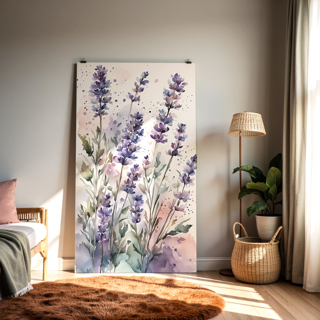 Lavender Watercolor Wall Art – Botanical Purple Floral Print, Soft Pastel Flower Illustration — alternate view