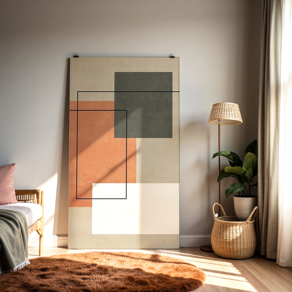Modern Geometric Abstract Wall Art – Minimalist Shapes Print, Neutral Mid-Century Style Decor — alternate view