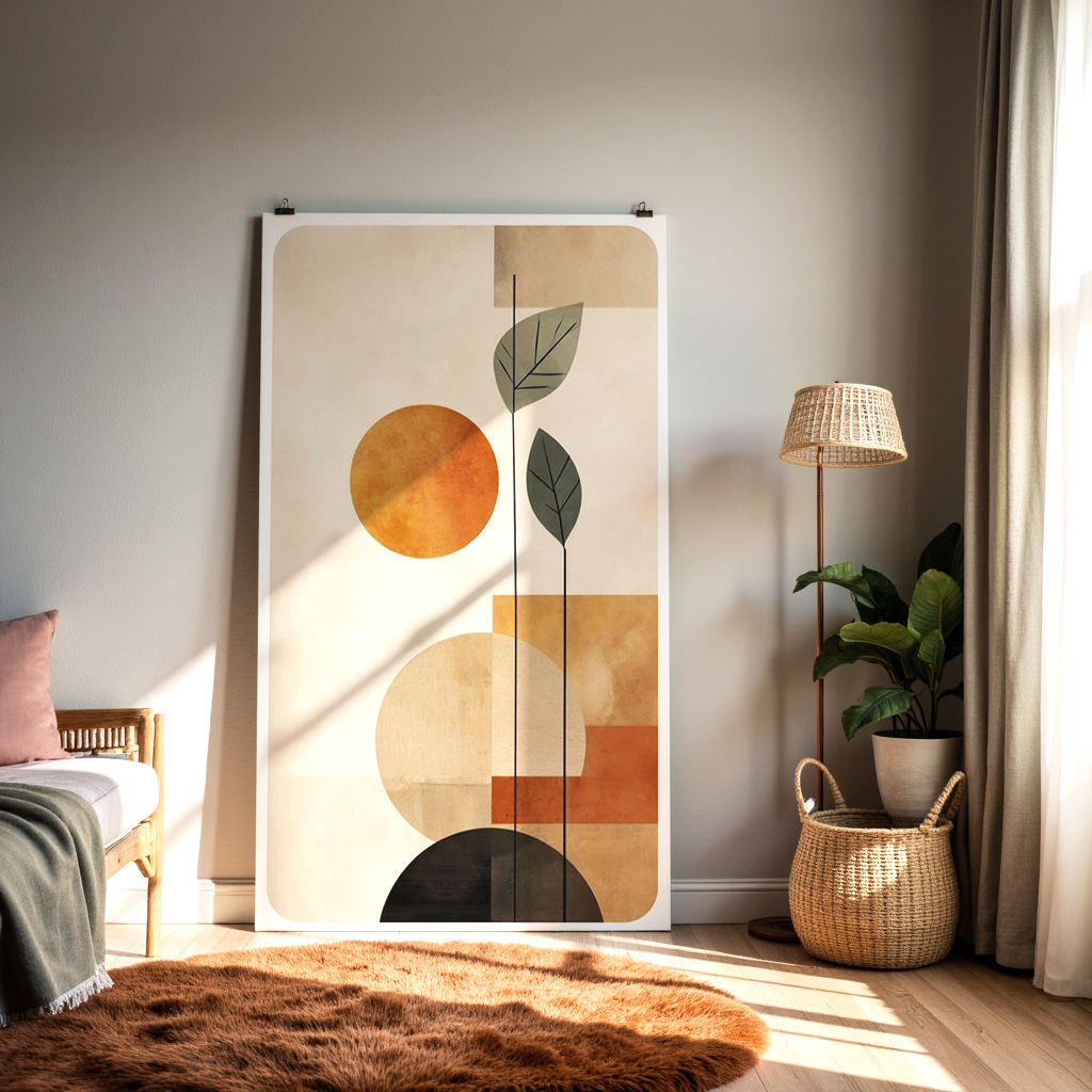 Modern Abstract Botanical Wall Art – Mid-Century Geometric Print with Minimalist Leaves & Shapes — alternate view