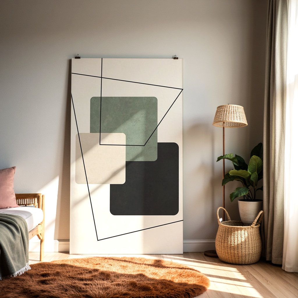 Modern Geometric Wall Art – Minimalist Abstract Print with Neutral Squares & Line Shapes — alternate view