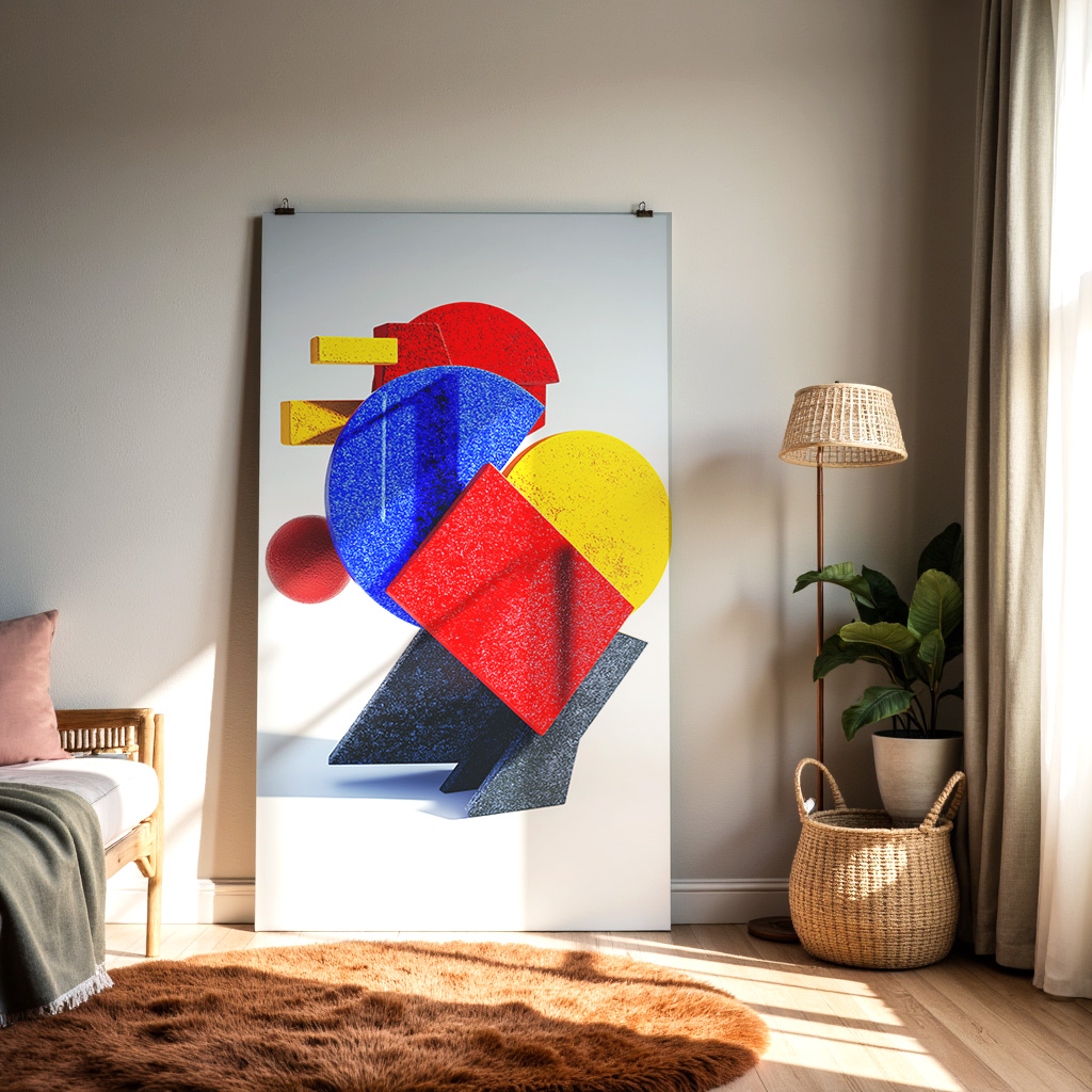 Modern Geometric Sculpture Art Print – Bold Abstract Shapes in Red, Blue & Yellow — alternate view