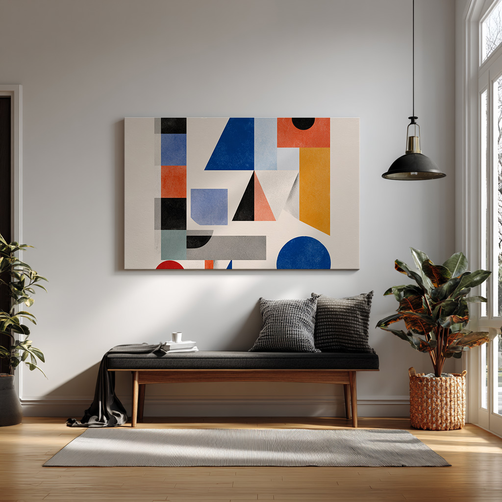 Modern Bauhaus Geometric Wall Art – Abstract Shapes Print in Blue, Red, Black & Mustard — alternate view