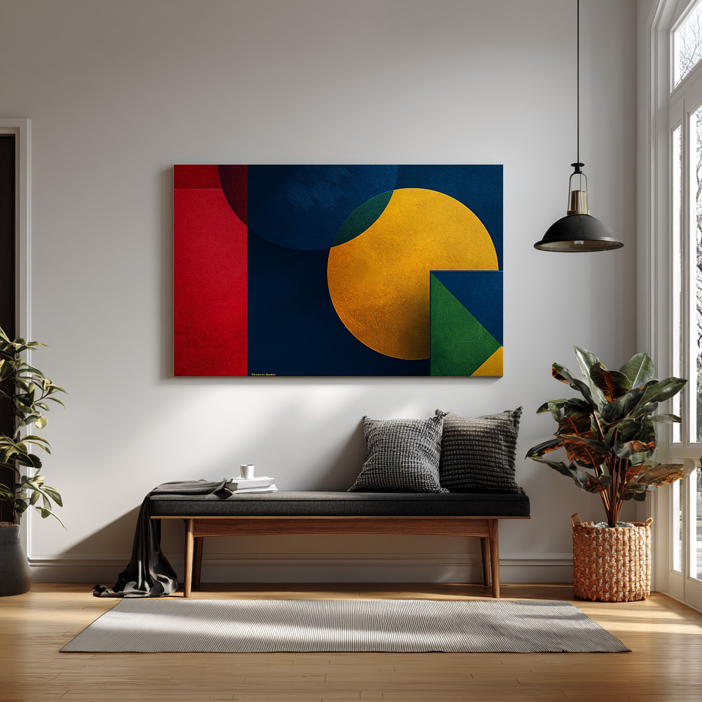 Bold Modern Geometric Wall Art – Abstract Shapes Print in Red, Navy Blue, Yellow & Green — alternate view
