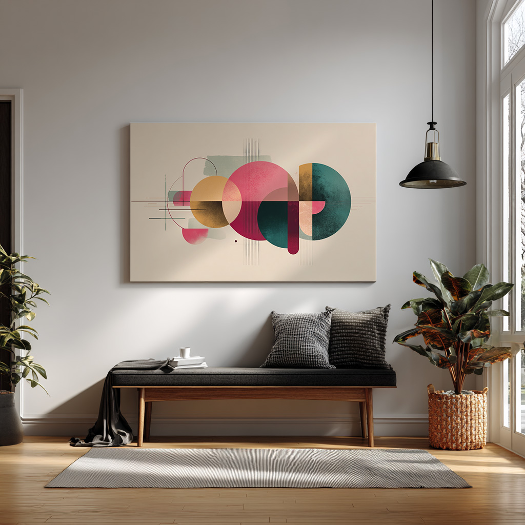 Modern Geometric Wall Art – Abstract Mid-Century Shapes Print in Teal, Pink & Mustard — alternate view