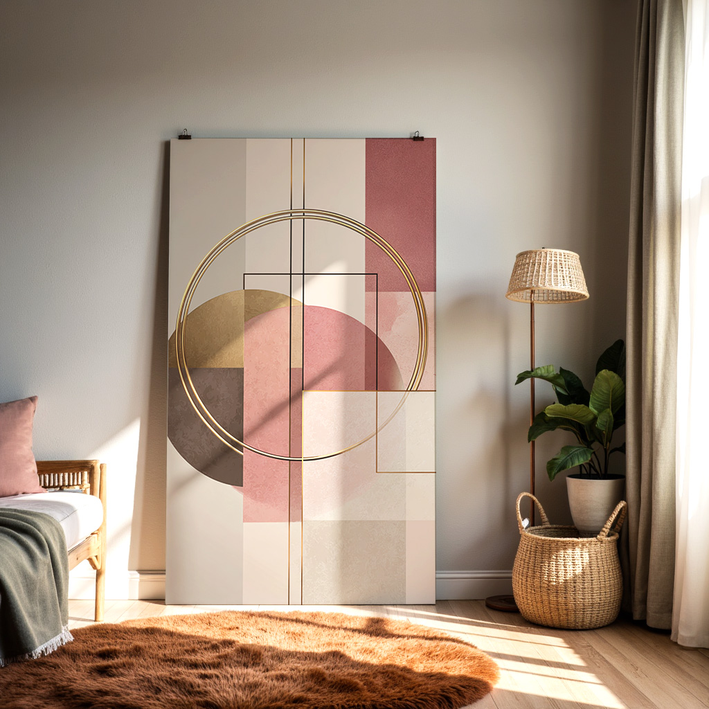 Elegant Geometric Wall Art – Gold Line Modern Abstract Print in Blush Pink & Neutral Tones — alternate view