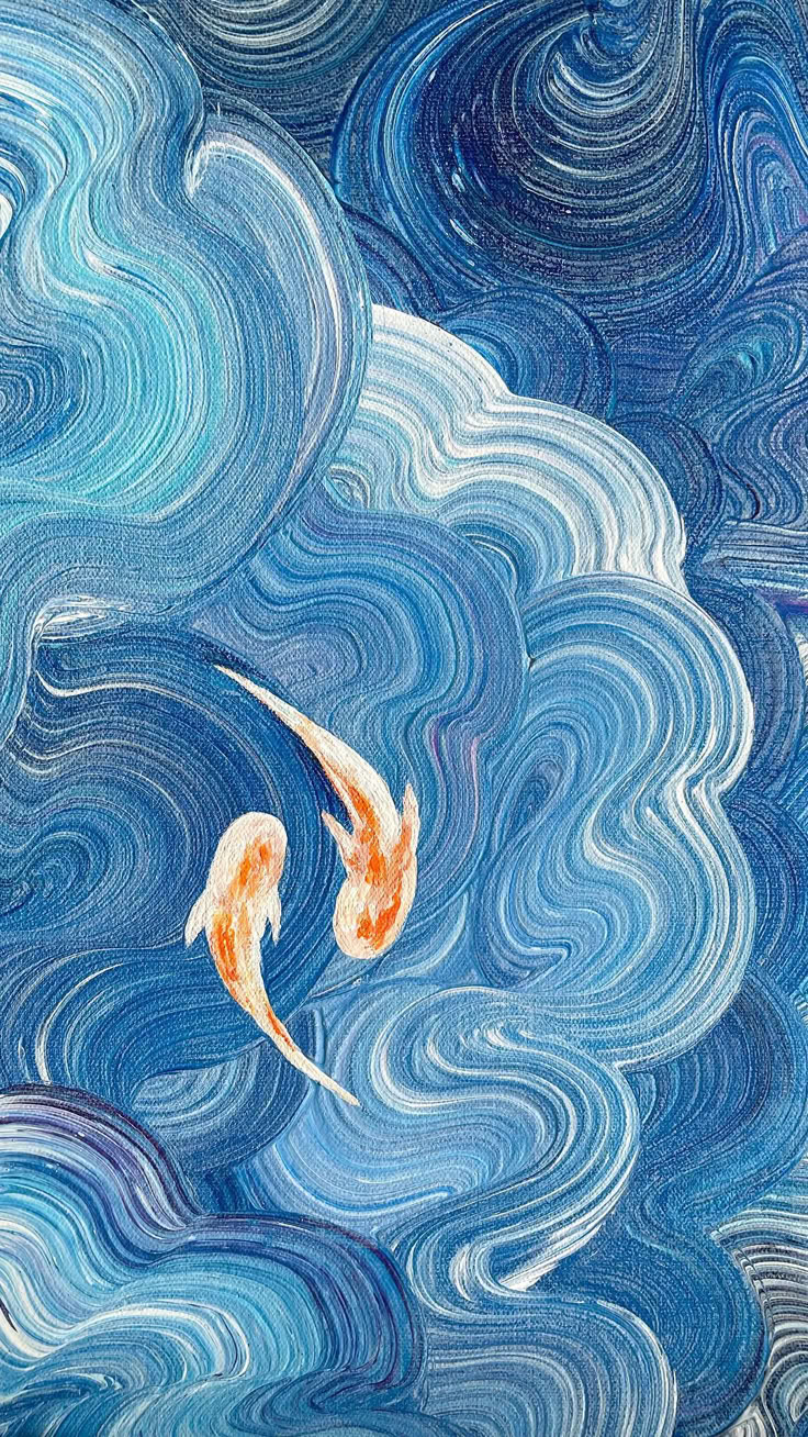 Blue Koi Fish Wall Art Print – Abstract Swirling Water Painting in Ocean Blues