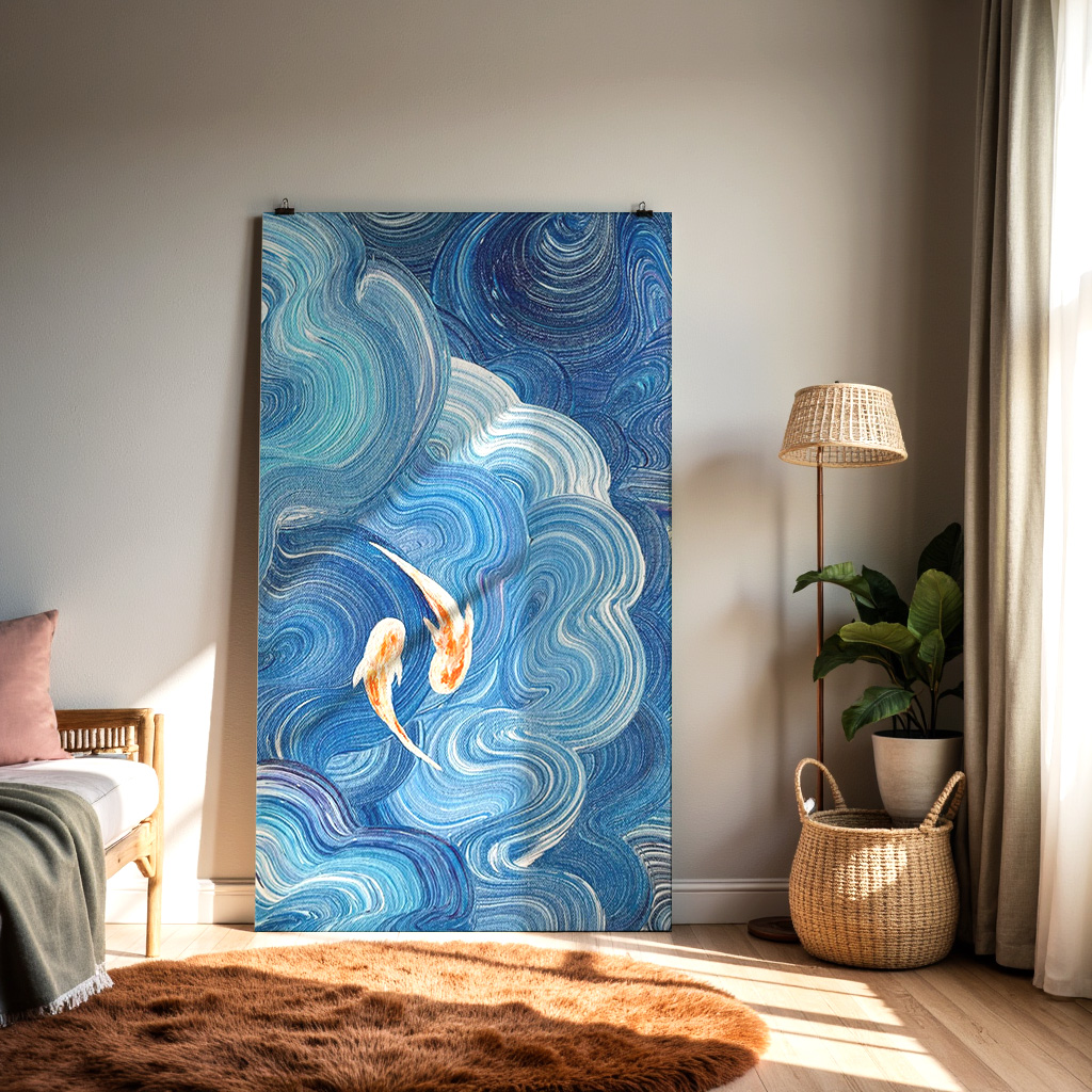 Blue Koi Fish Wall Art Print – Abstract Swirling Water Painting in Ocean Blues — alternate view