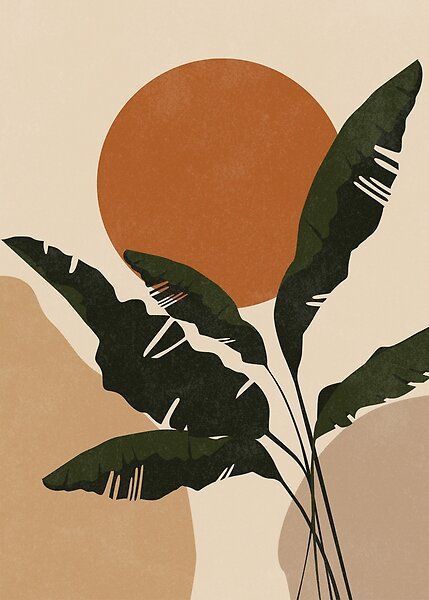 Boho Sun & Banana Leaf Wall Art – Minimalist Tropical Print | Warm Earth Tone Decor
