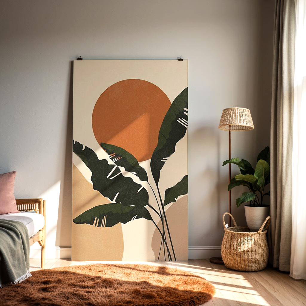 Boho Sun & Banana Leaf Wall Art – Minimalist Tropical Print | Warm Earth Tone Decor — alternate view