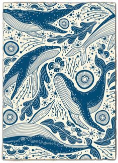 Nautical Whale Wall Art – Ocean Pattern Print | Blue Marine Decor for Coastal Home