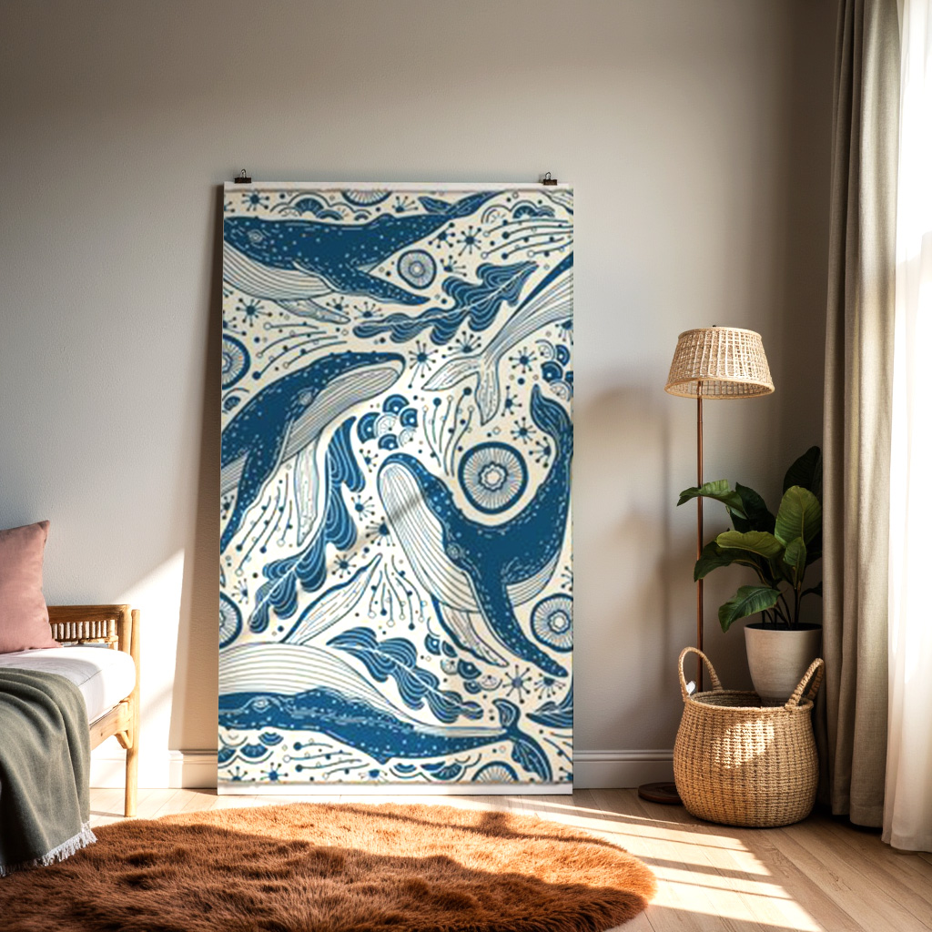 Nautical Whale Wall Art – Ocean Pattern Print | Blue Marine Decor for Coastal Home — alternate view