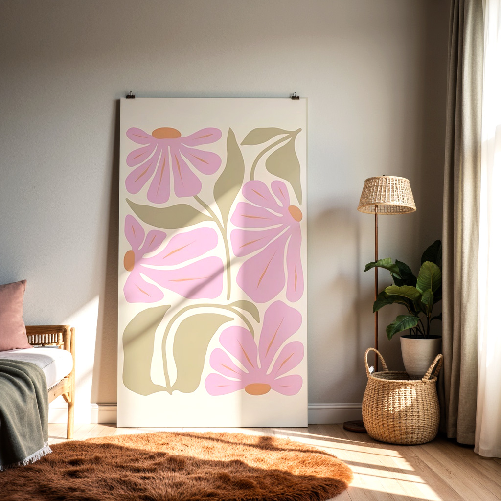 Modern Floral Wall Art Print – Pink Abstract Flower Illustration | Minimalist Botanical Decor — alternate view