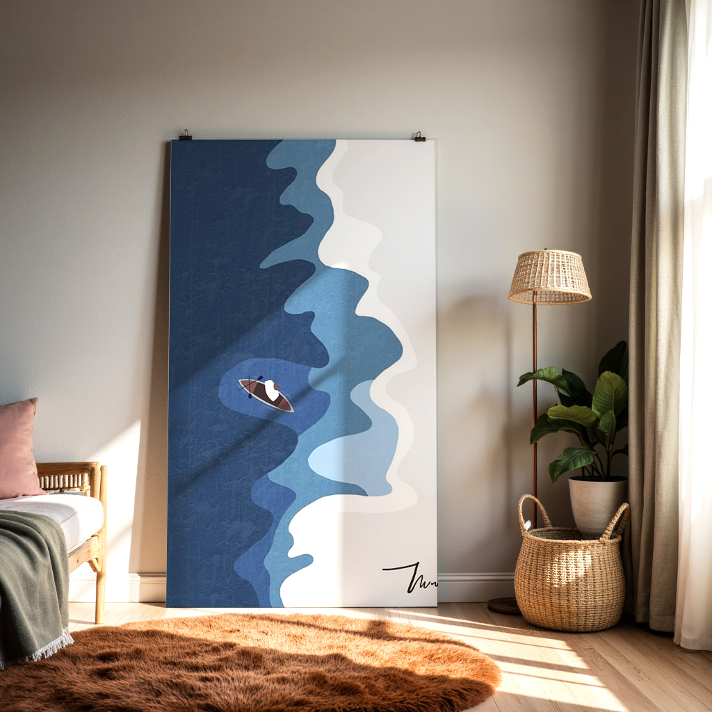 Minimal Kayak Wall Art | Modern Abstract Water Print | Blue Minimalist Landscape Poster — alternate view