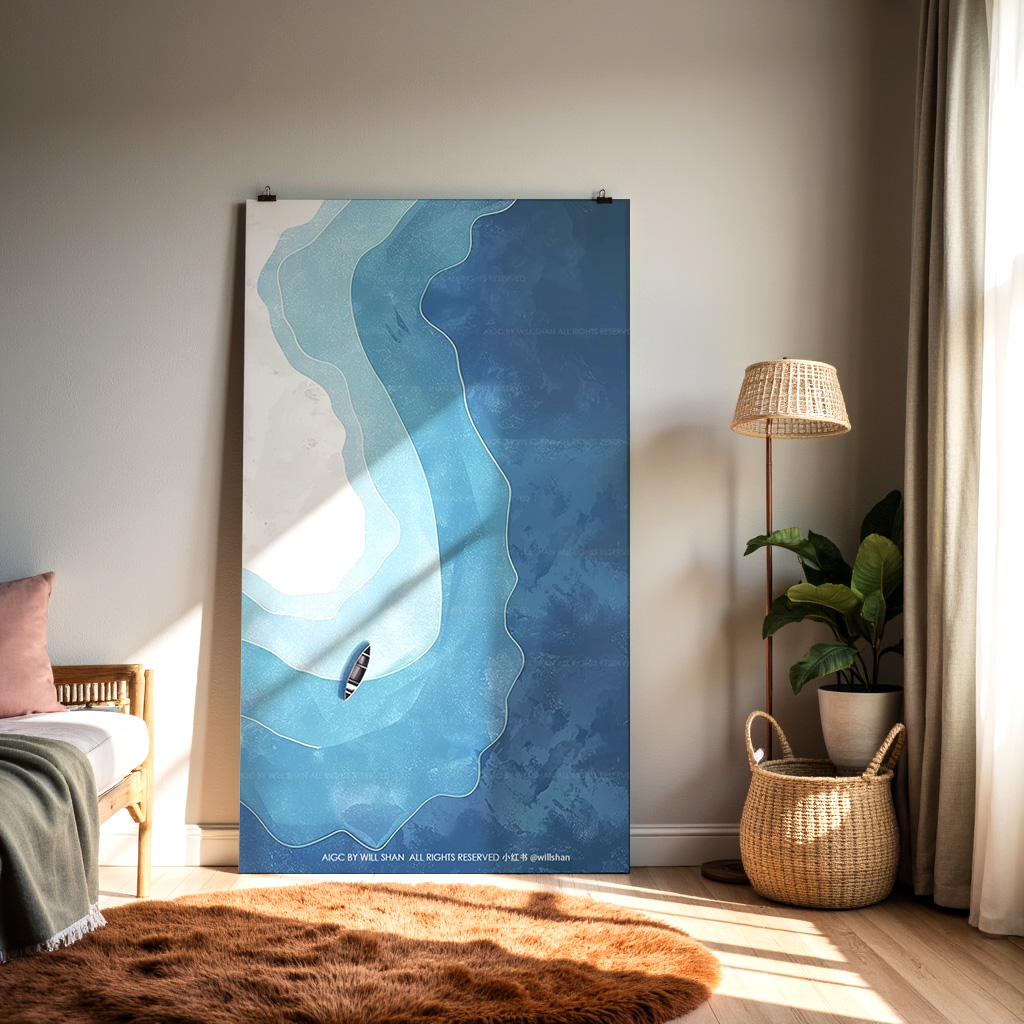 Minimal Kayak Wall Art | Abstract Ocean Layers Art Print | Blue Coastal Landscape Poster — alternate view