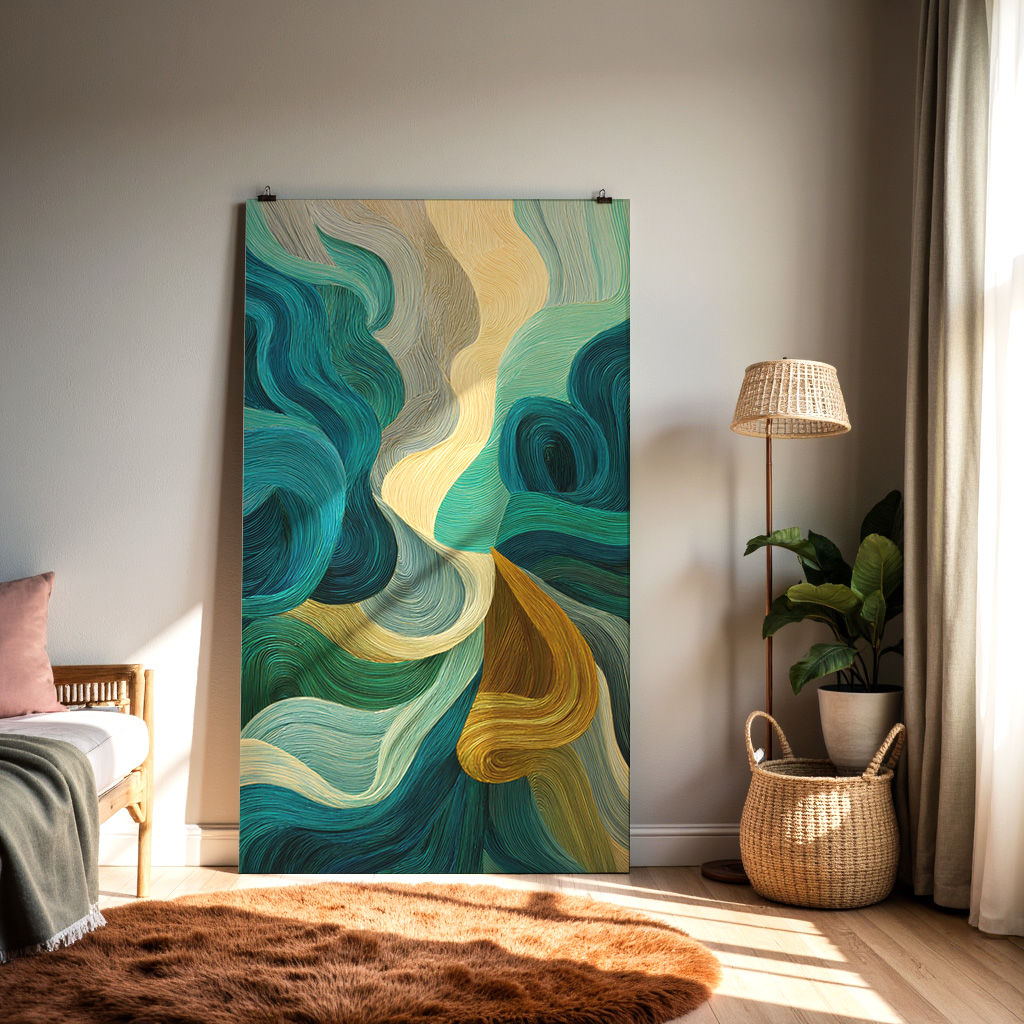 Flowing Abstract Canvas Art – Teal, Gold & Modern Fluid Lines — alternate view