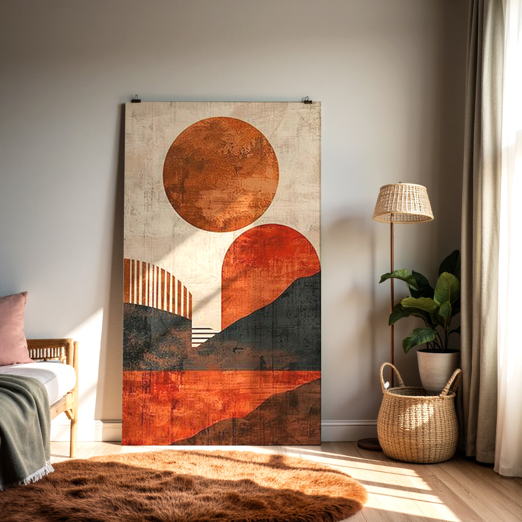 Abstract Sunset Landscape Art – Modern Geometric Wall Print — alternate view