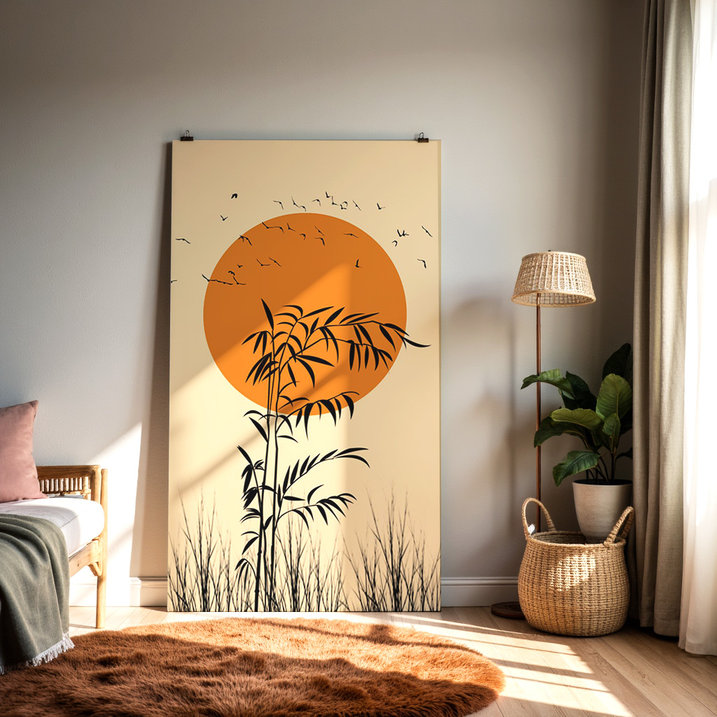 Minimalist Bamboo Sunset Wall Art – Modern Asian-Inspired Print — alternate view