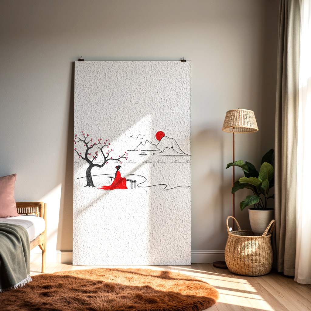 Minimalist Asian Landscape Art – Woman in Red Under Blossom Tree — alternate view