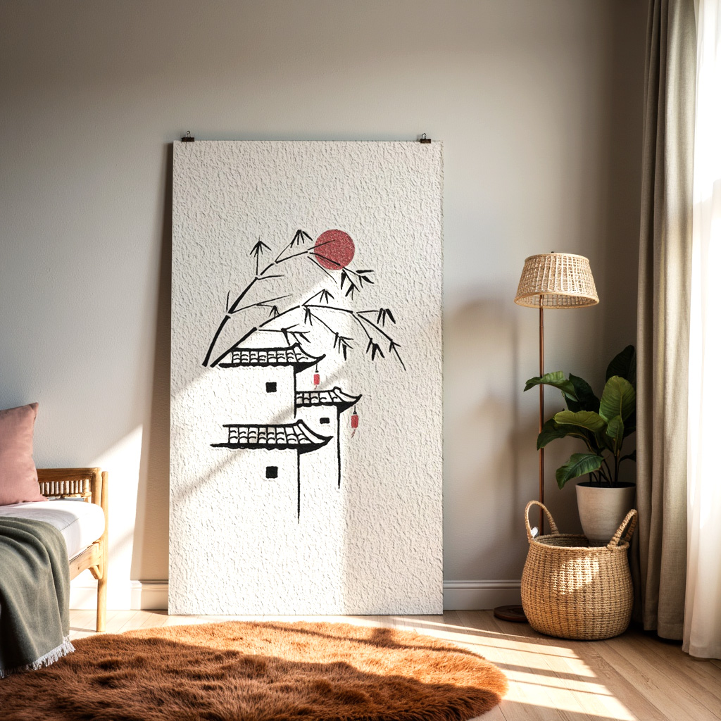 Minimalist Asian Village Art – Bamboo & Red Sun Illustration — alternate view