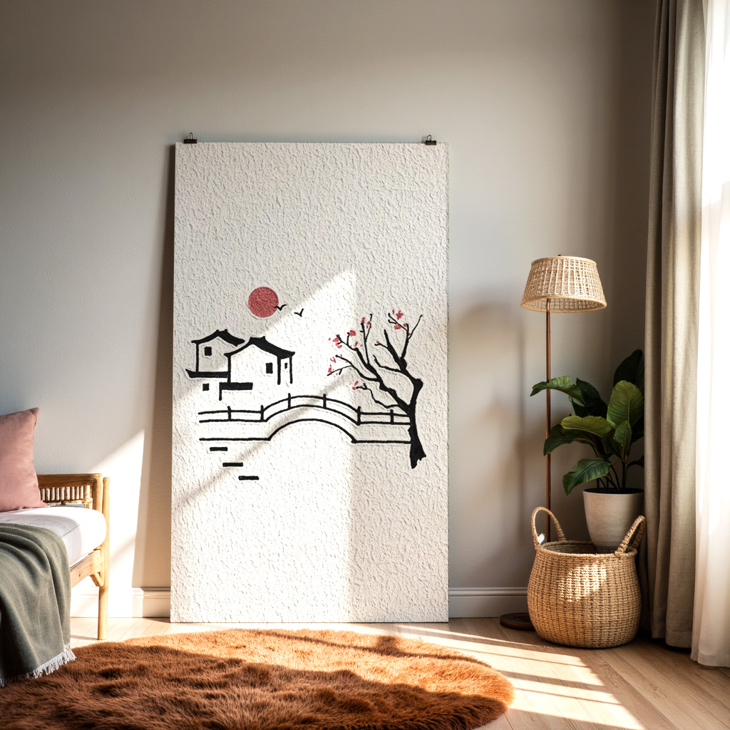 Minimalist Asian Bridge Art – Red Sun & Cherry Blossom Illustration — alternate view