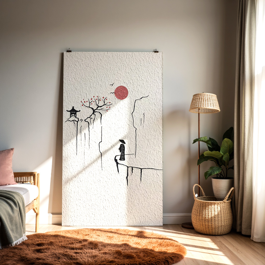 Minimalist Asian Mountain Landscape Art – Red Sun & Ink Illustration — alternate view