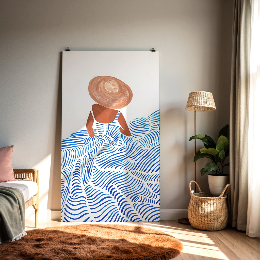 Minimalist Beach Illustration – Woman in Blue Waves Art — alternate view