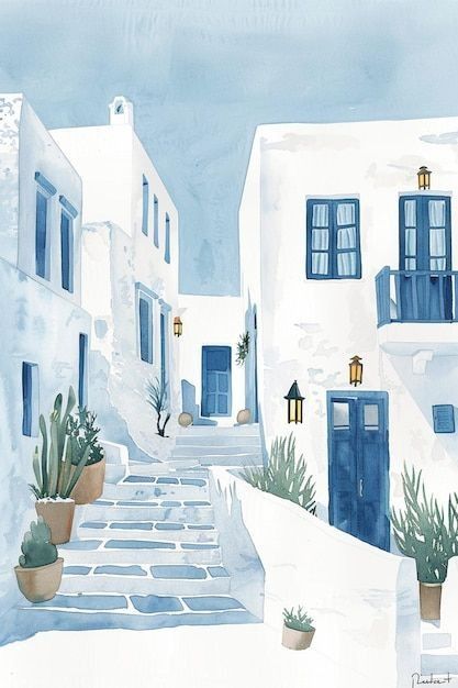 Mediterranean Street Illustration – White Houses & Blue Doors