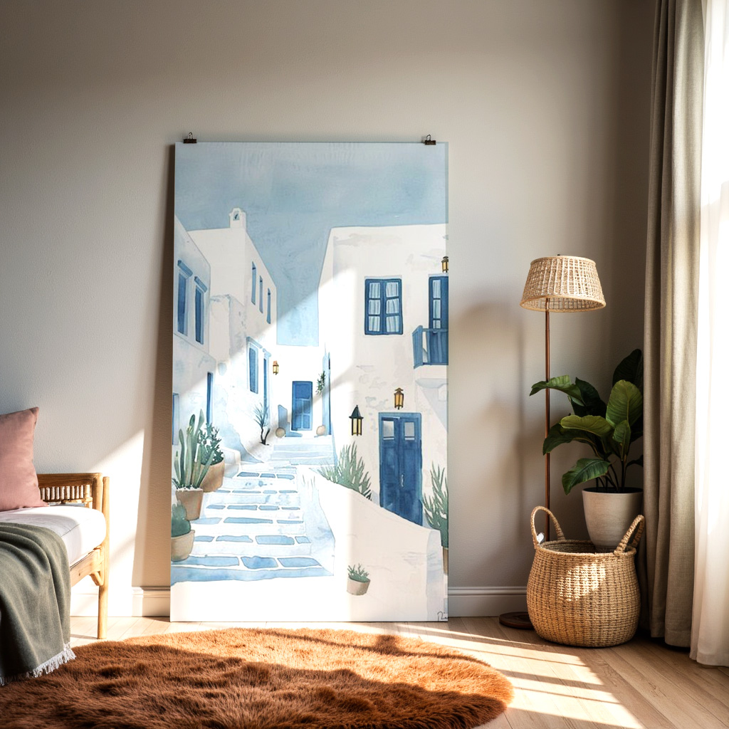 Mediterranean Street Illustration – White Houses & Blue Doors — alternate view