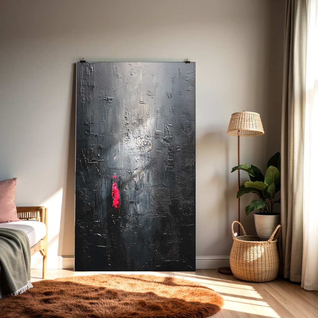 Dark Textured Abstract Art with Red Accent — alternate view