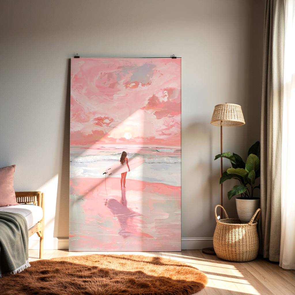 Sunset Surfer – Pink Beach Dreamscape Wall Art — alternate view