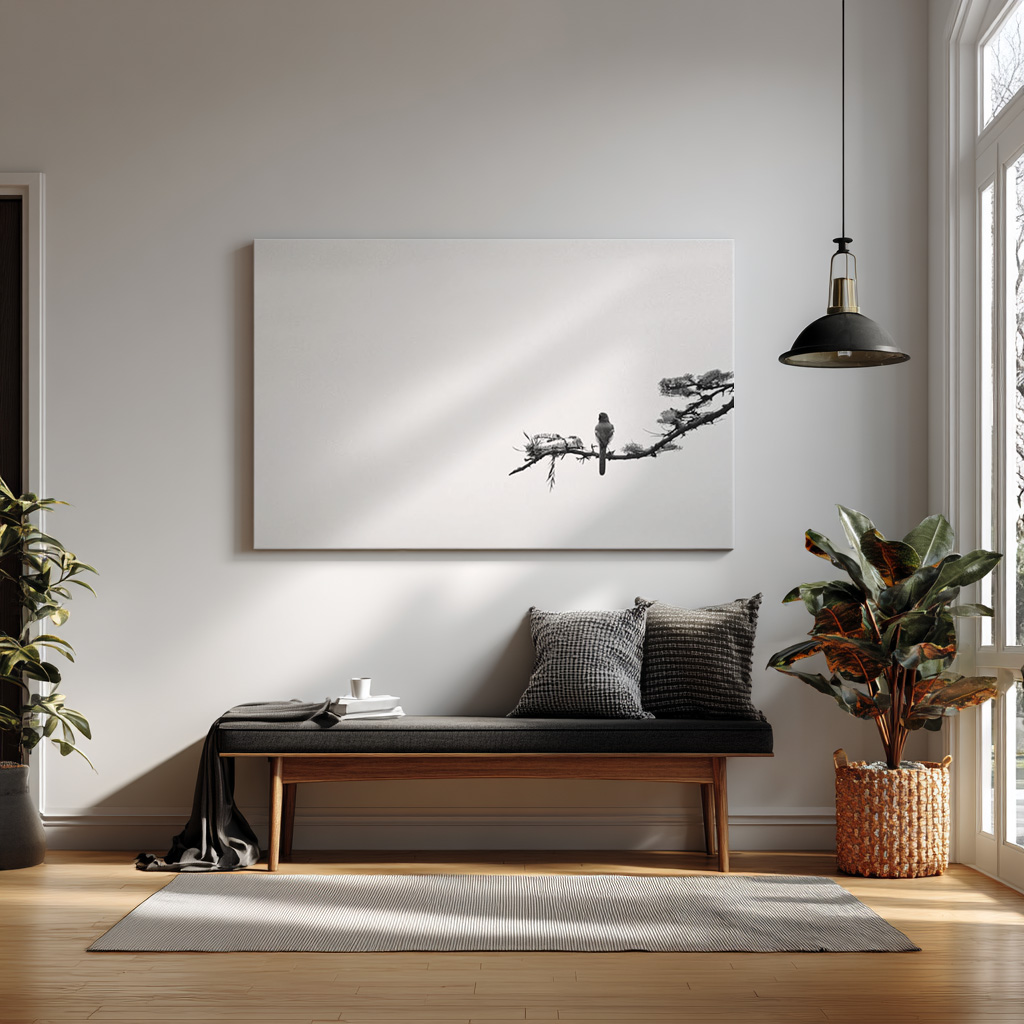 Silent Perch – Minimalist Black & White Bird Wall Art — alternate view