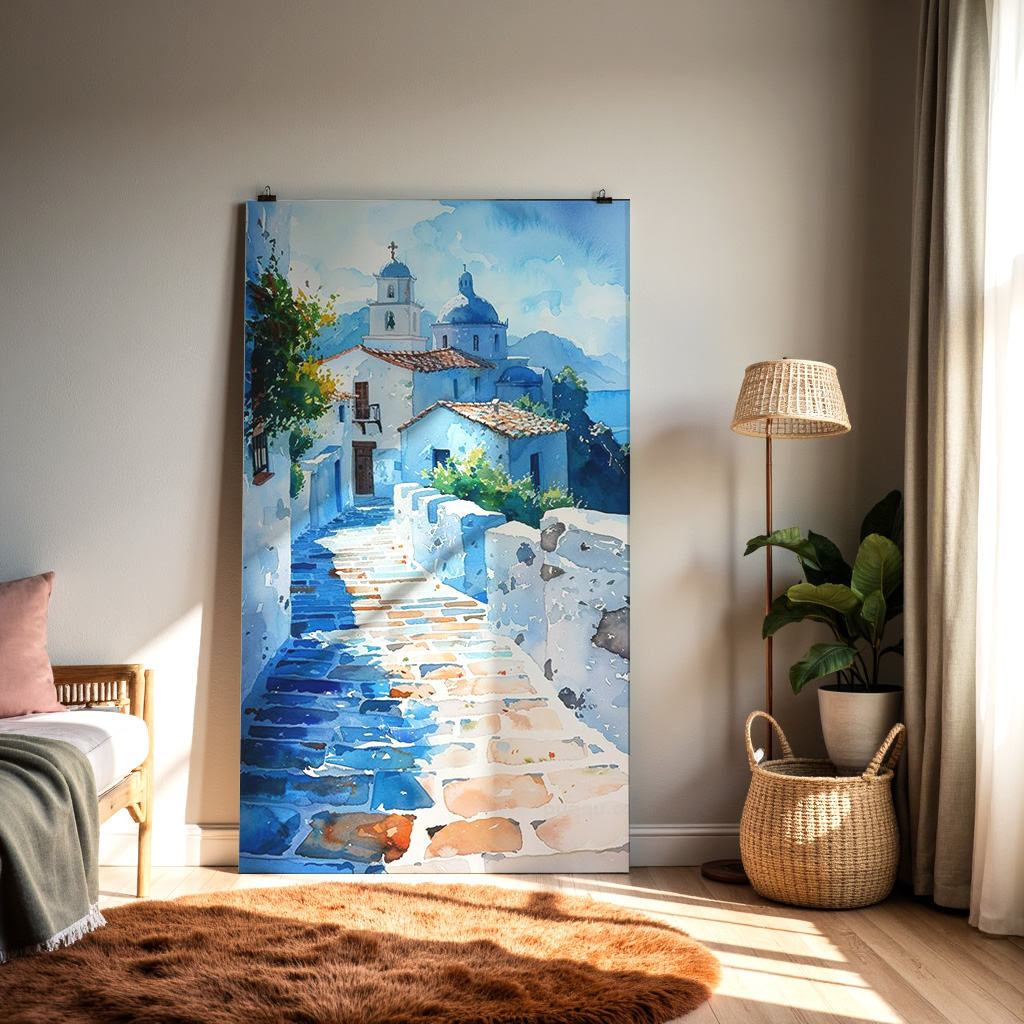 Aegean Pathway – Blue & White Coastal Village Wall Art — alternate view