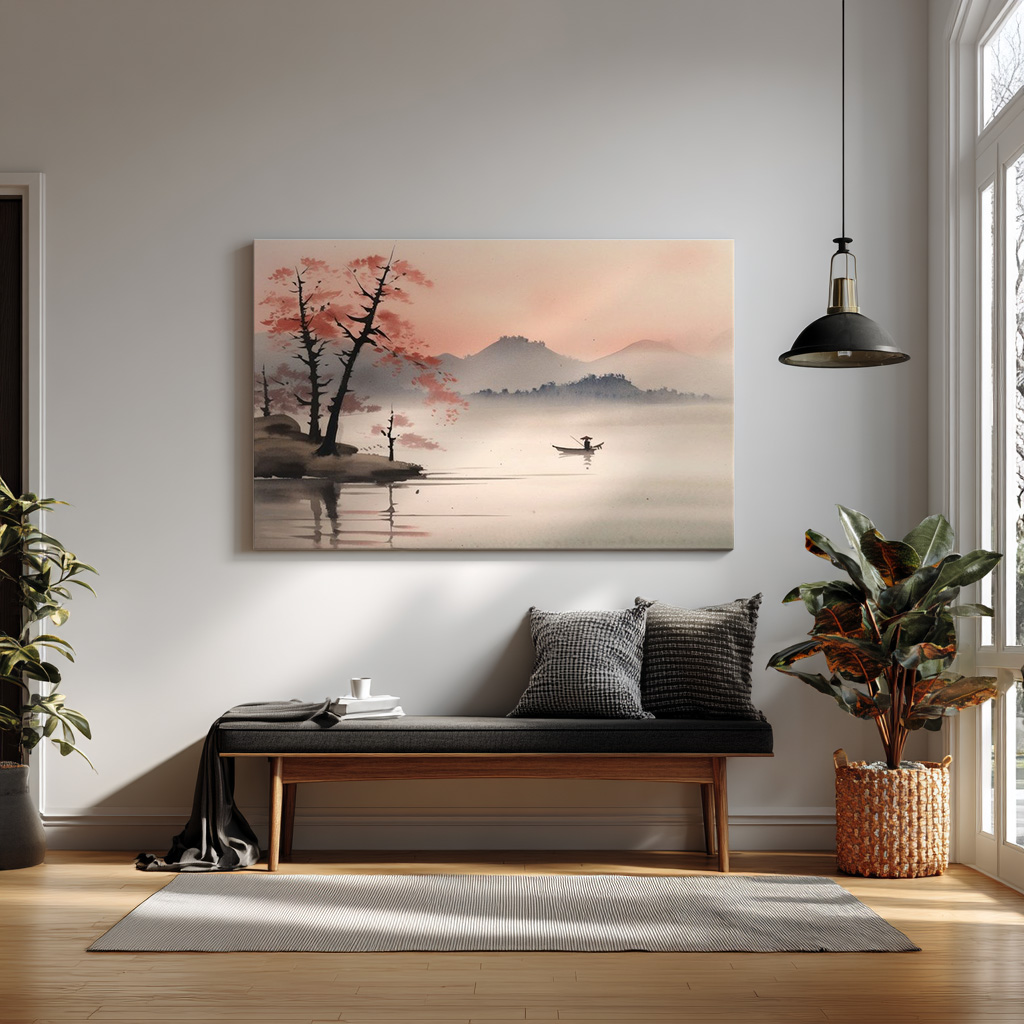 Misty Dawn – Japanese Watercolor Lake Landscape — alternate view