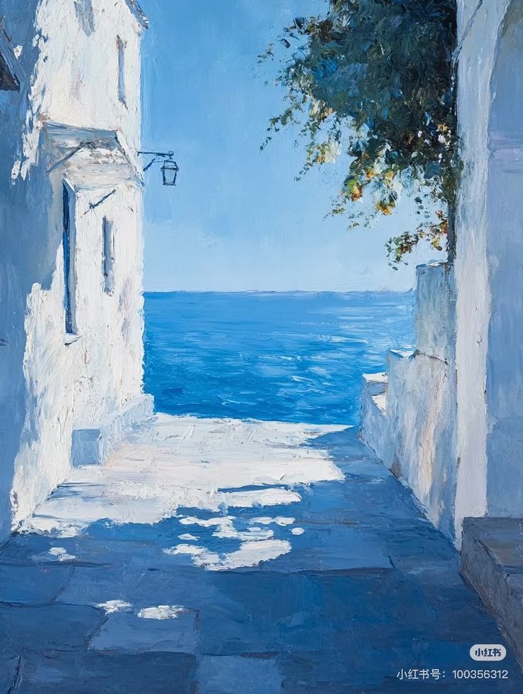 Azure Passage – Mediterranean Coastal Alley Wall Art
