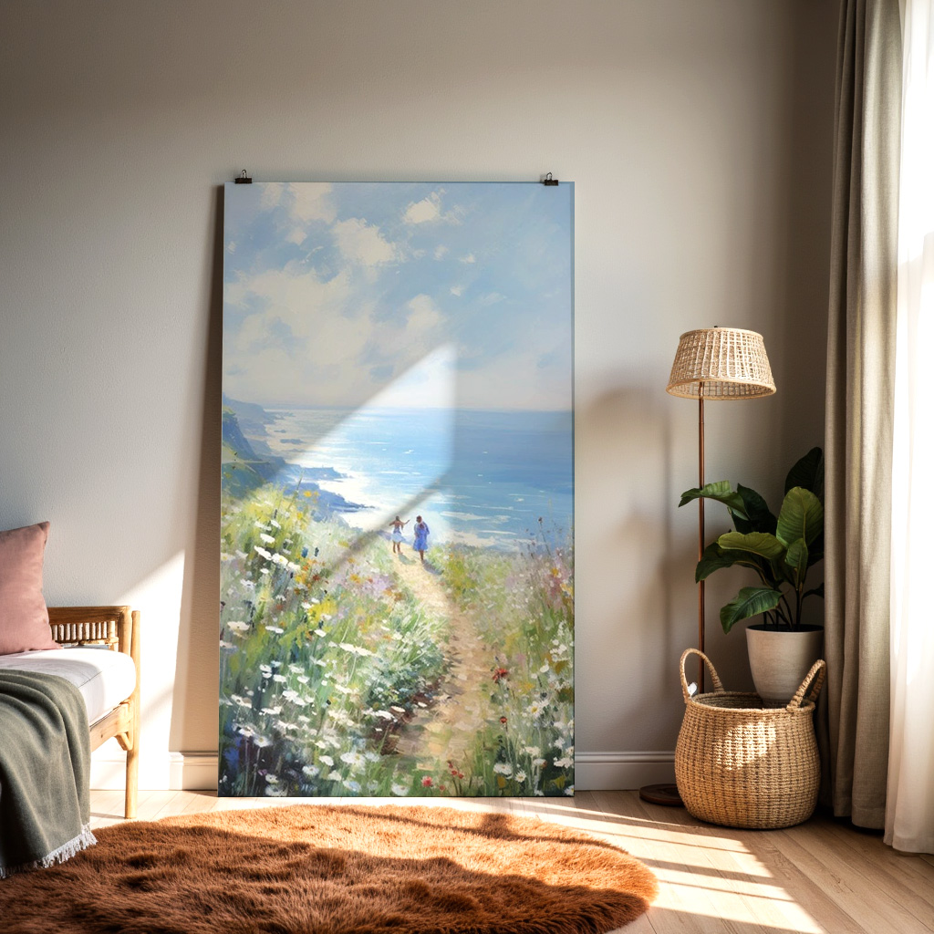 Coastal Bloom – Sunlit Cliffside Path Wall Art — alternate view