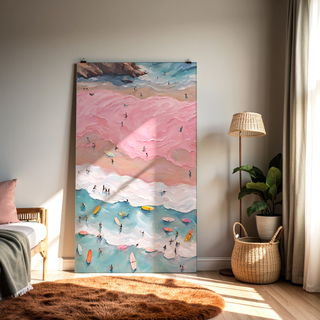 Candy Waves – Pink Beach & Surfer Coastline Wall Art — alternate view