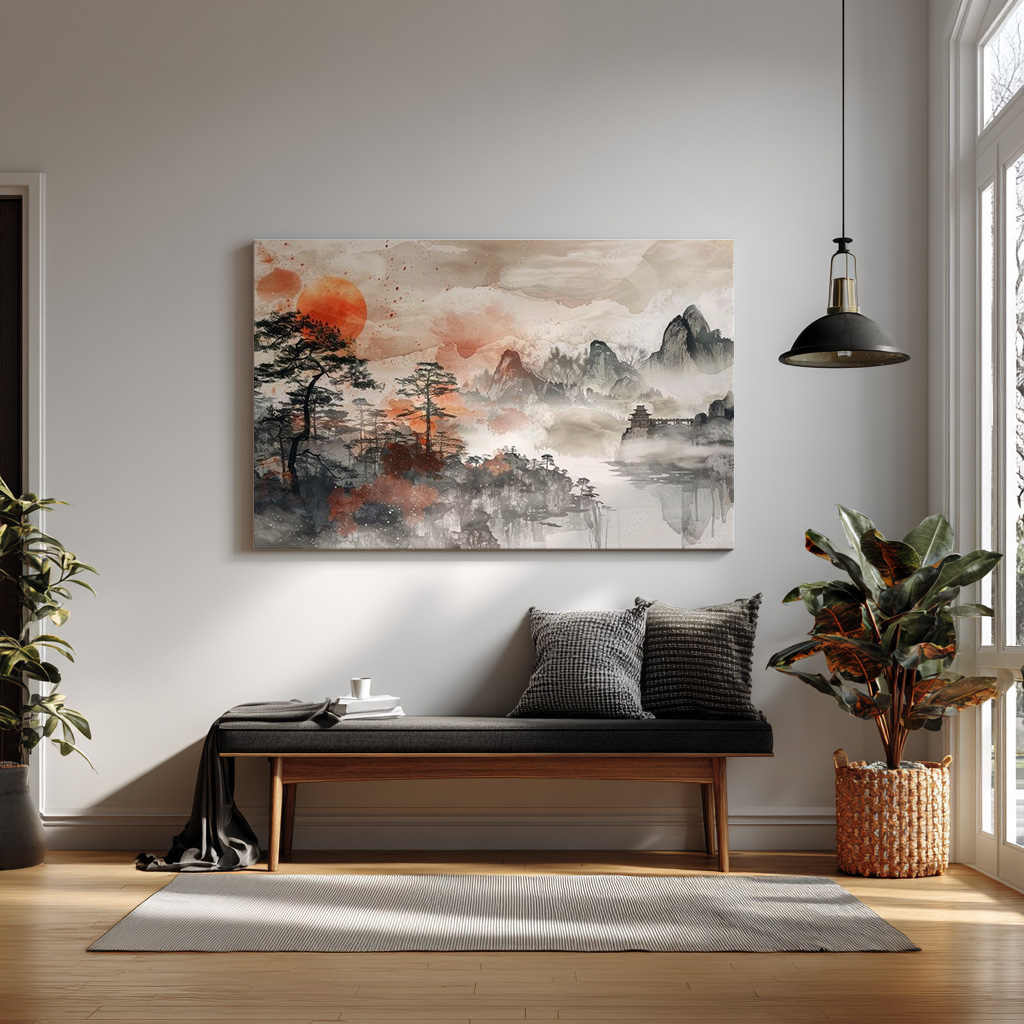 Crimson Mist – Oriental Mountain & Sunrise Wall Art — alternate view
