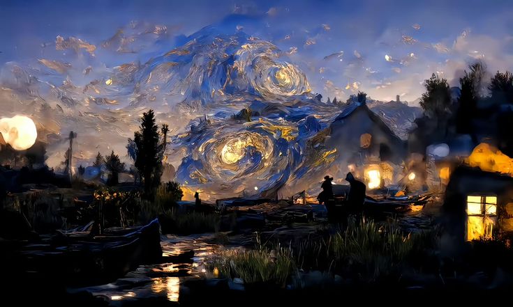 Cosmic Nightfall – Star-Swirl Village Landscape Wall Art