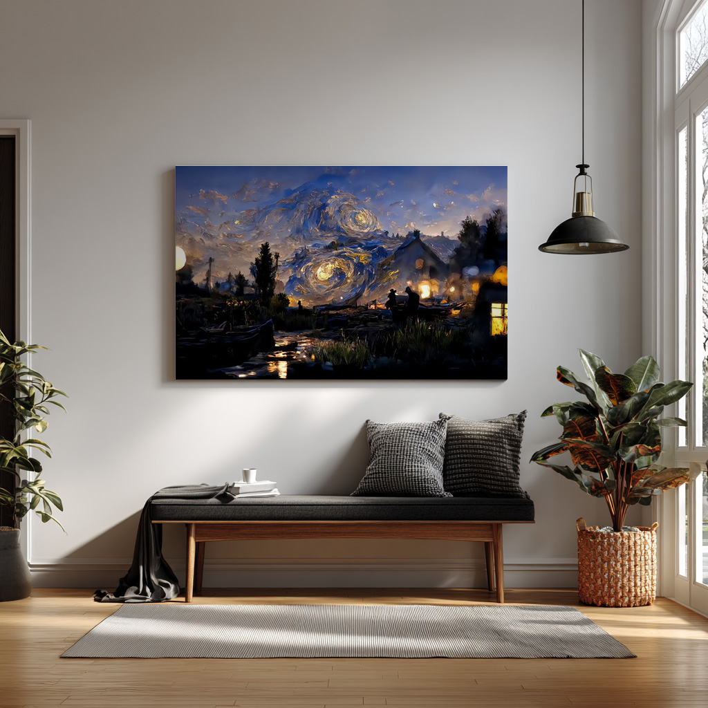 Cosmic Nightfall – Star-Swirl Village Landscape Wall Art — alternate view